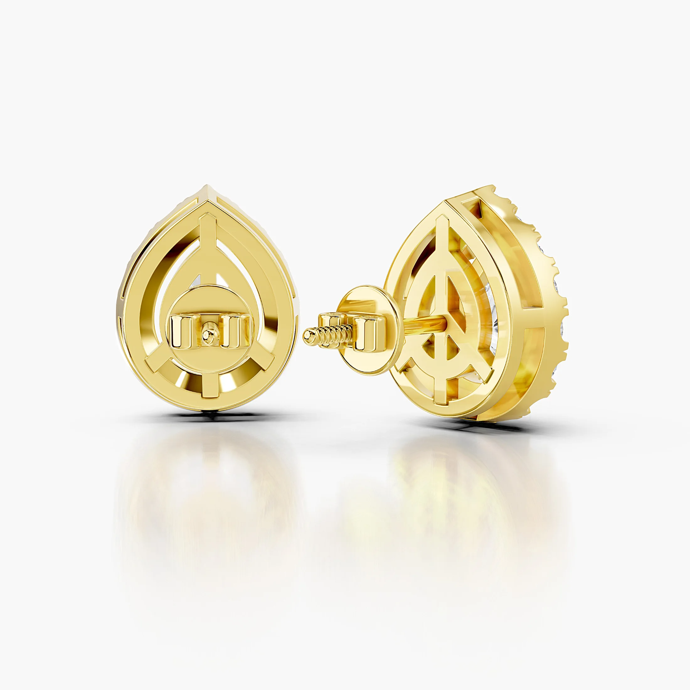 Pear-cut diamond stud earrings surrounded by round diamond halos.