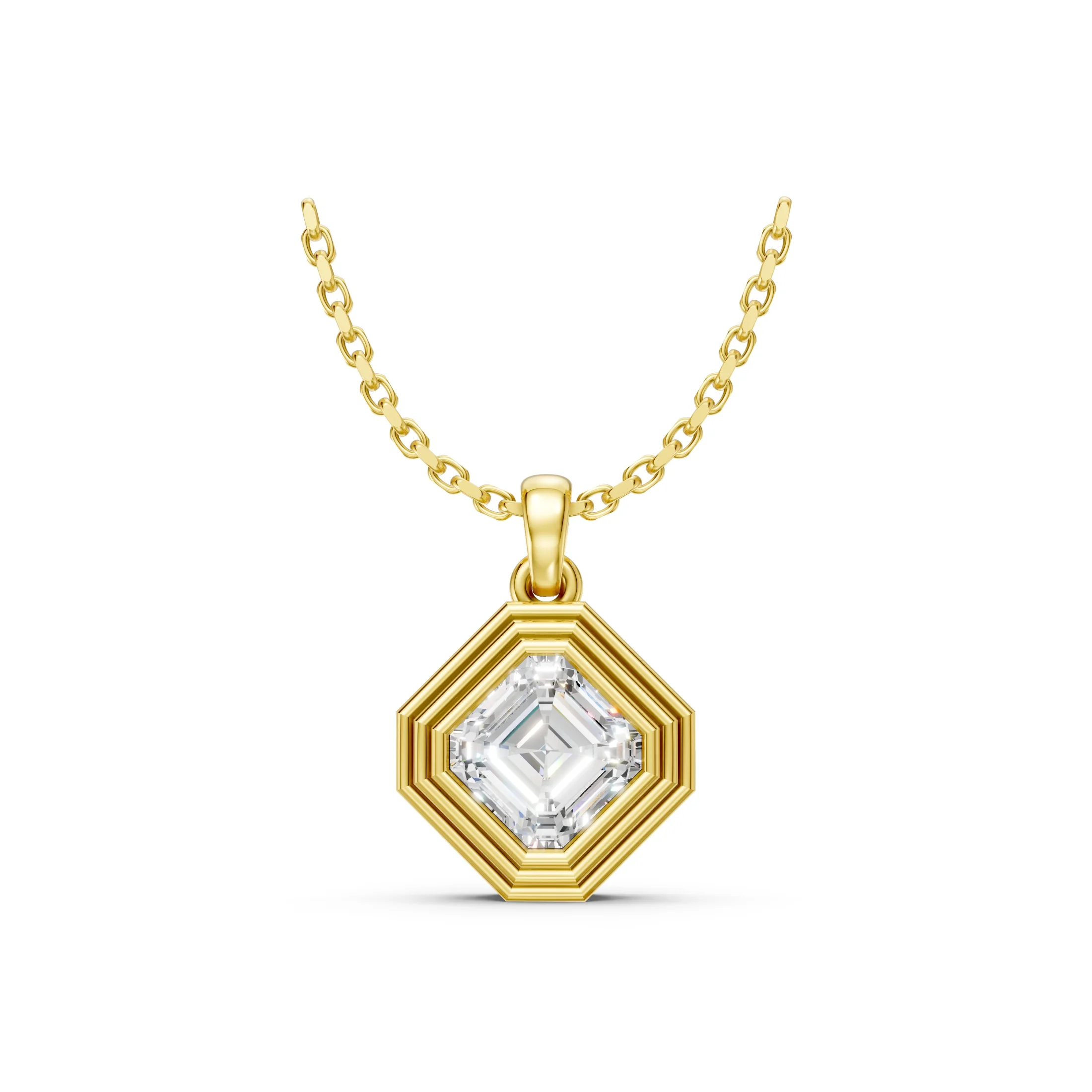 Asscher-cut diamond pendant necklace with a full bezel setting, layered geometric frame and polished bail.
