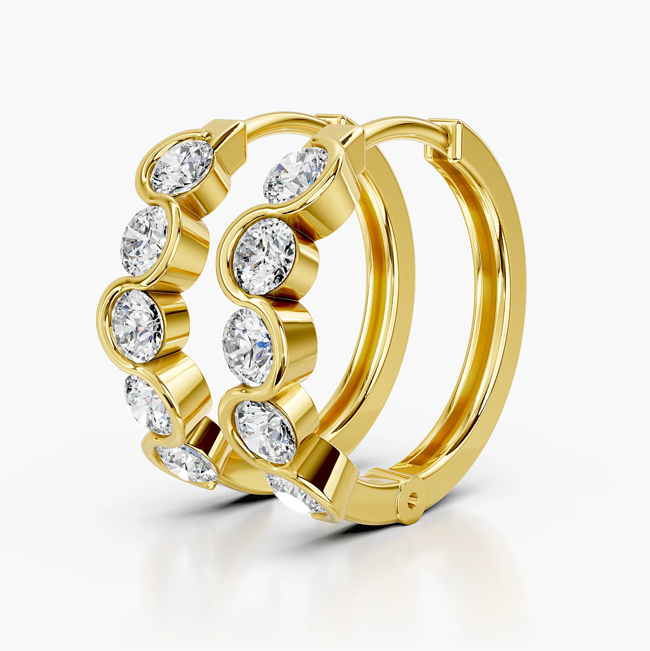 Pair of round diamond hoop earrings with flowing partial-bezel curves and a polished sculpted profile.