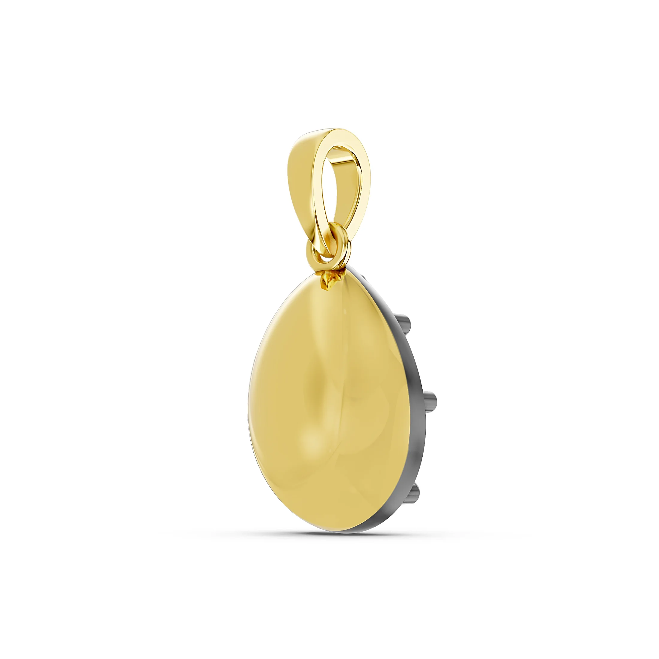 Pear-shaped solitaire diamond necklace featuring a dark teardrop frame and polished tapered bail.