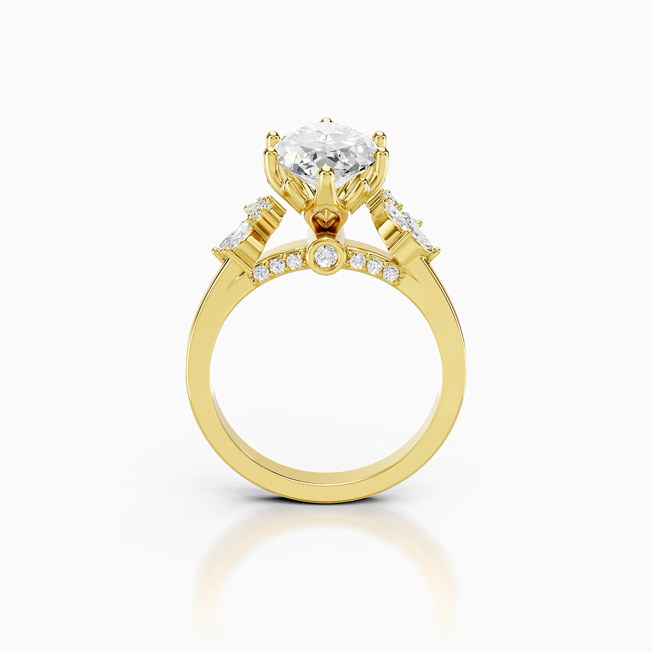 Marquise-cut diamond engagement ring with a six-prong centre and floral clusters of marquise and round side stones.