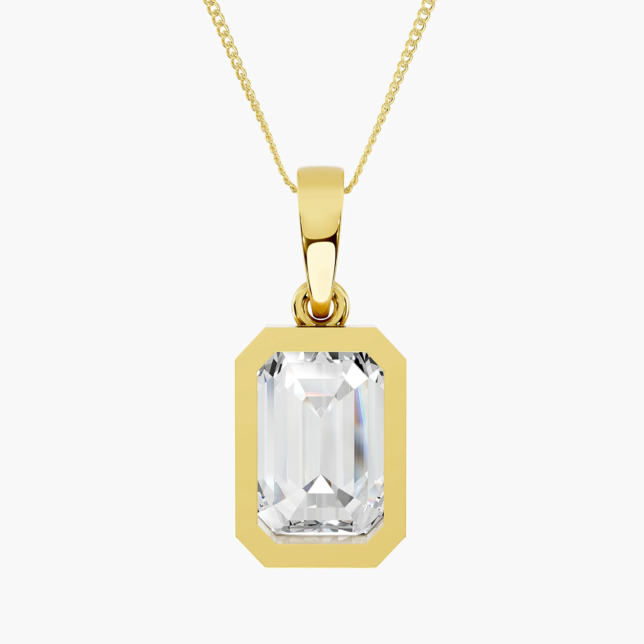 Emerald-cut solitaire diamond pendant necklace with an eight-prong geometric frame and tapered bail.
