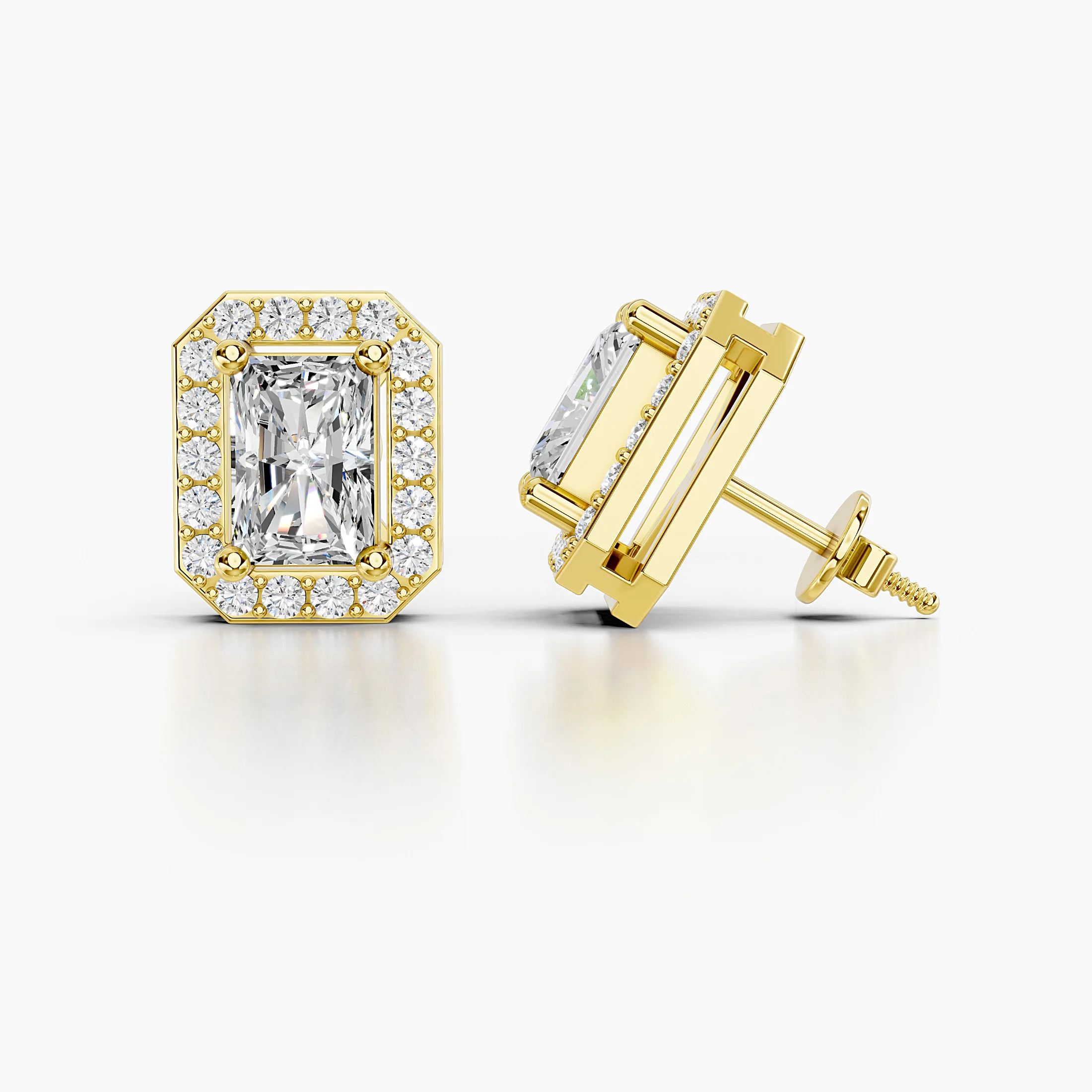 Radiant diamond stud earrings with clipped-corner round diamond halos and screw-back closures