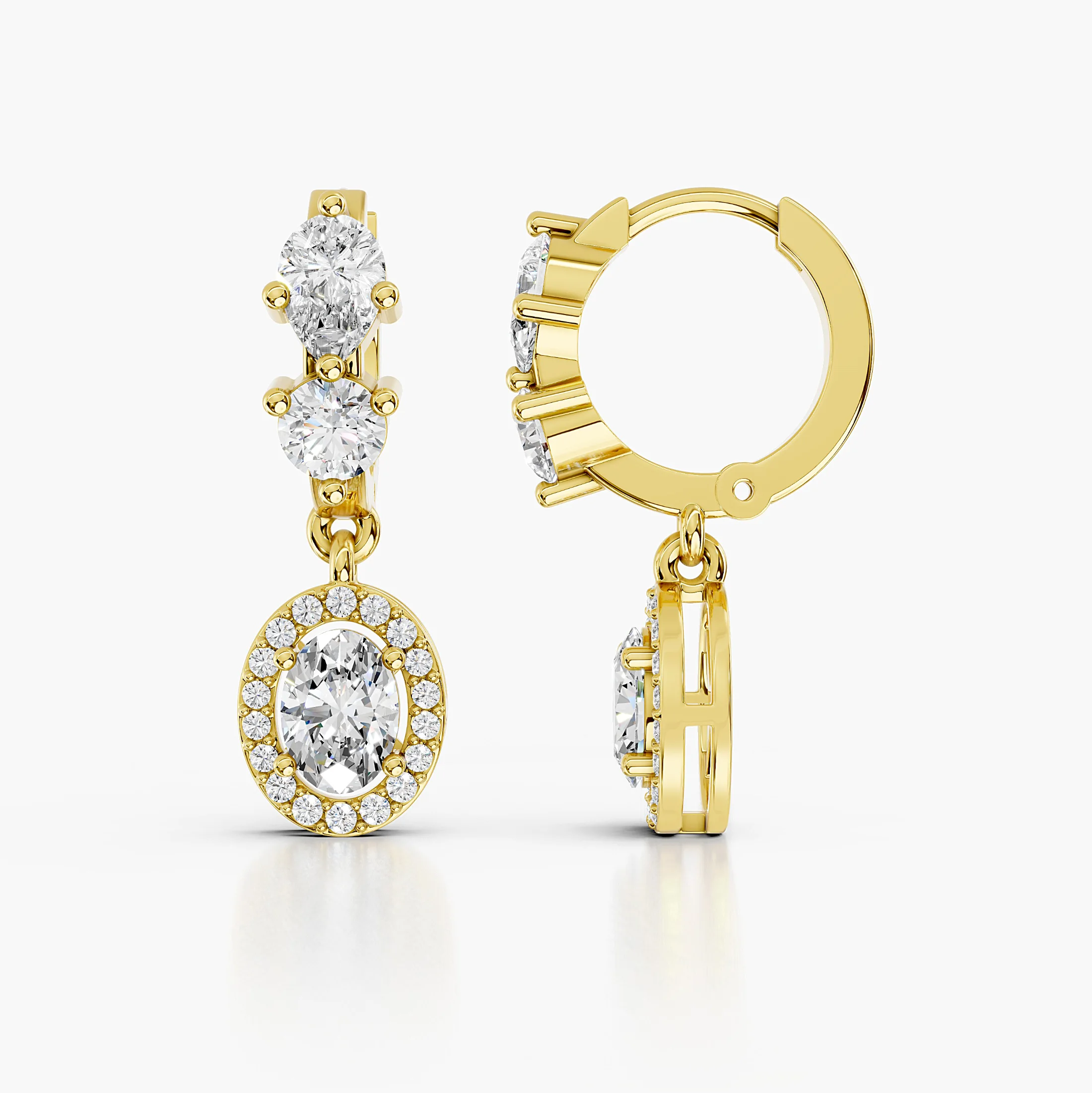 Pair of multi-shape diamond drop earrings with oval halo pendants and articulated hoop tops.
