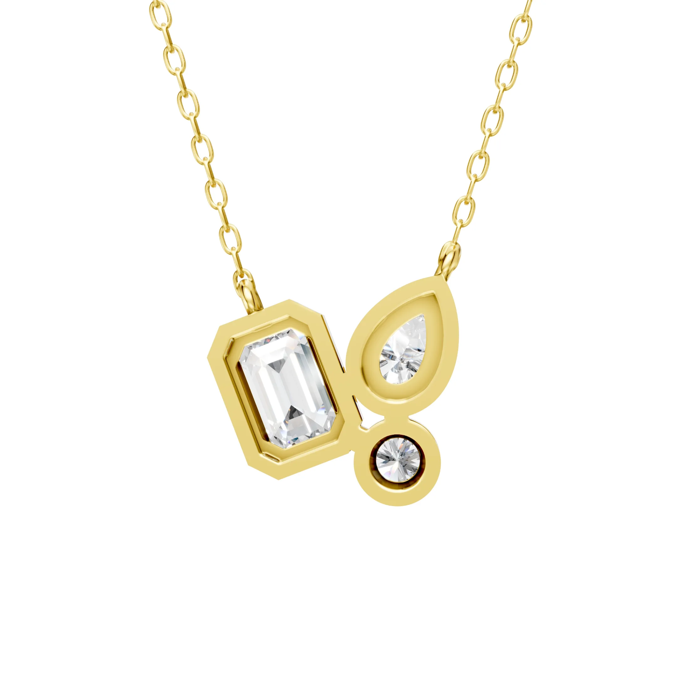 Pear, emerald and round-cut three-diamond necklace with an asymmetrical multi-stone cluster design