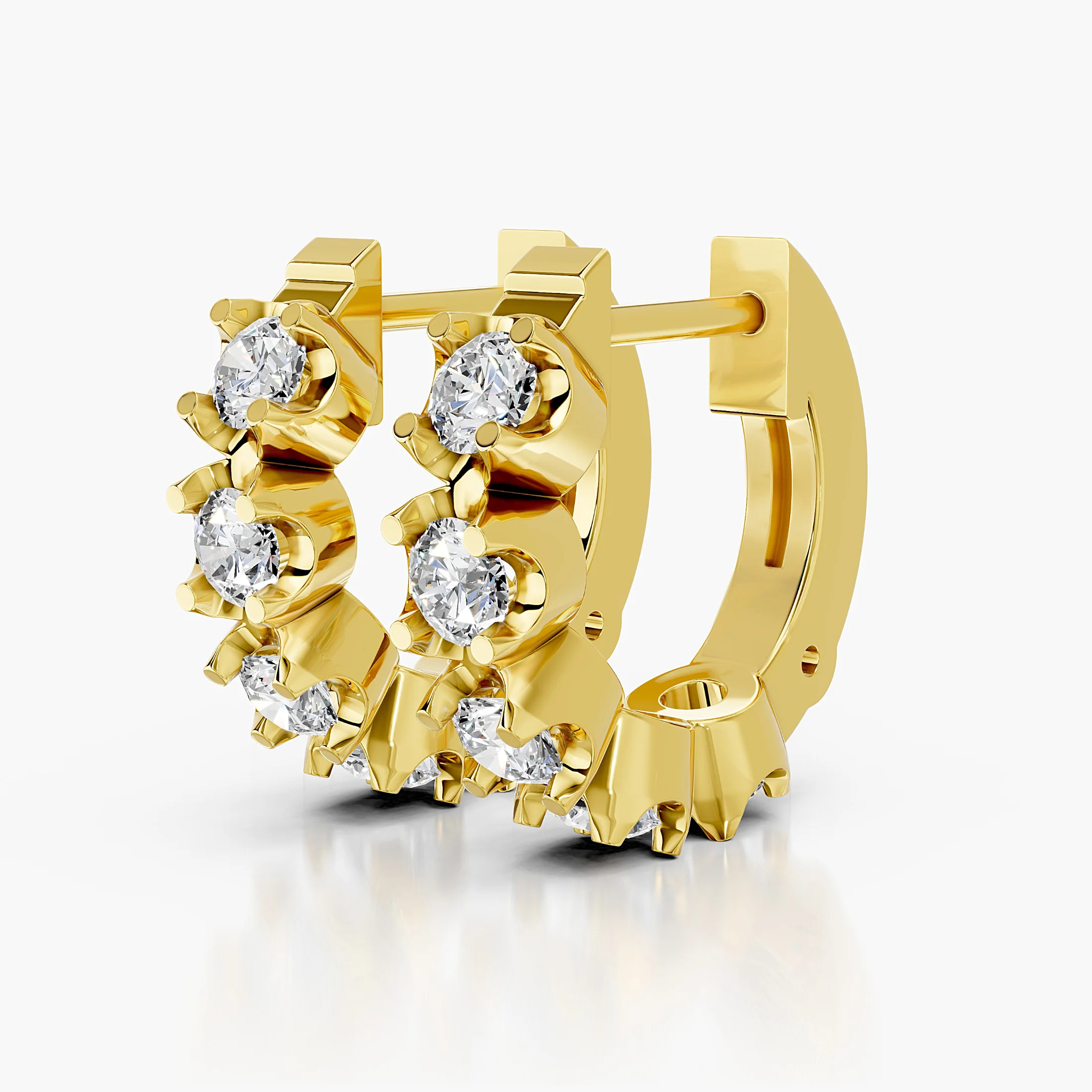 Round diamond five-stone huggie earrings with four-prong settings.