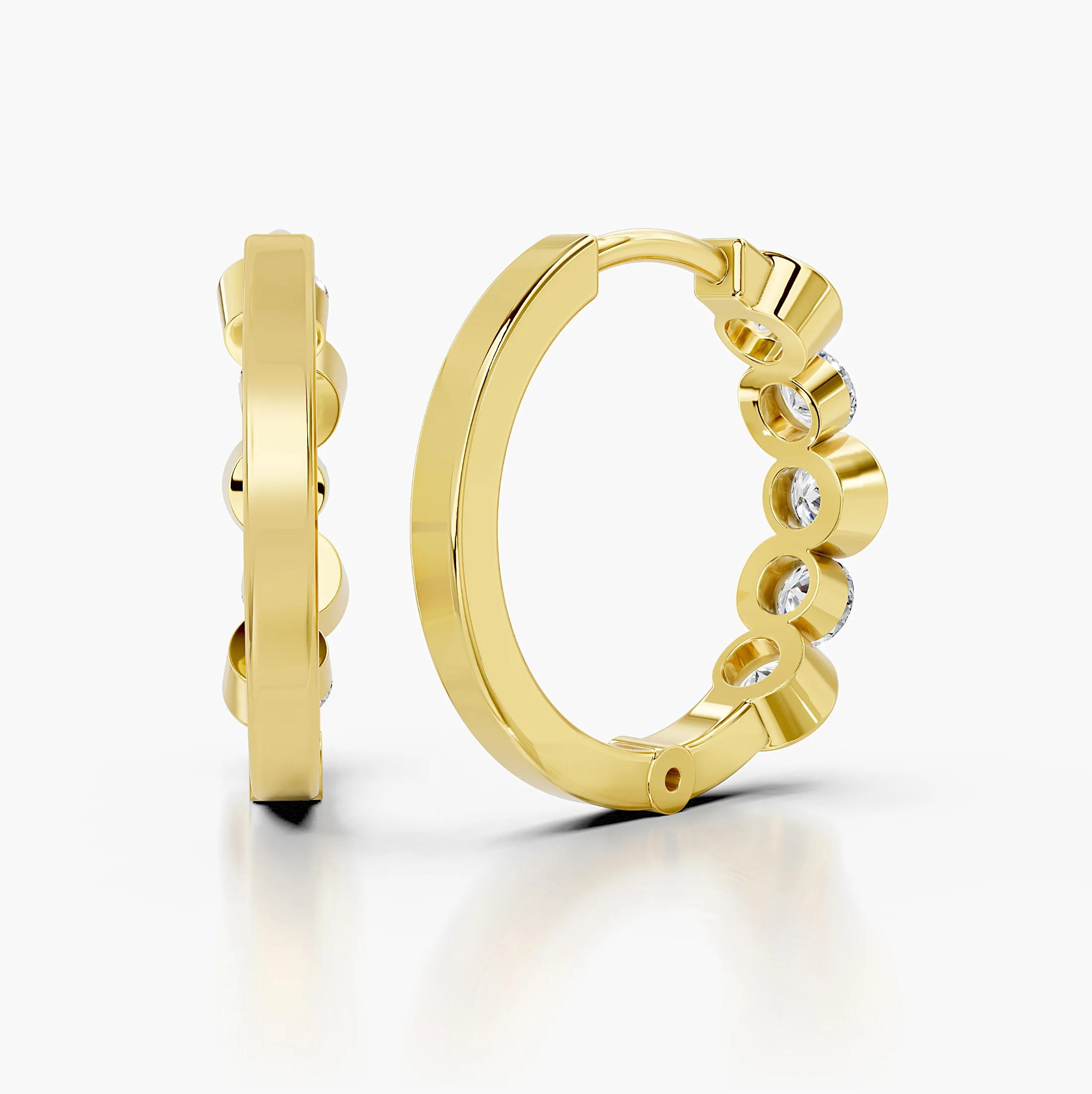 Pair of round diamond hoop earrings with flowing partial-bezel curves and a polished sculpted profile.