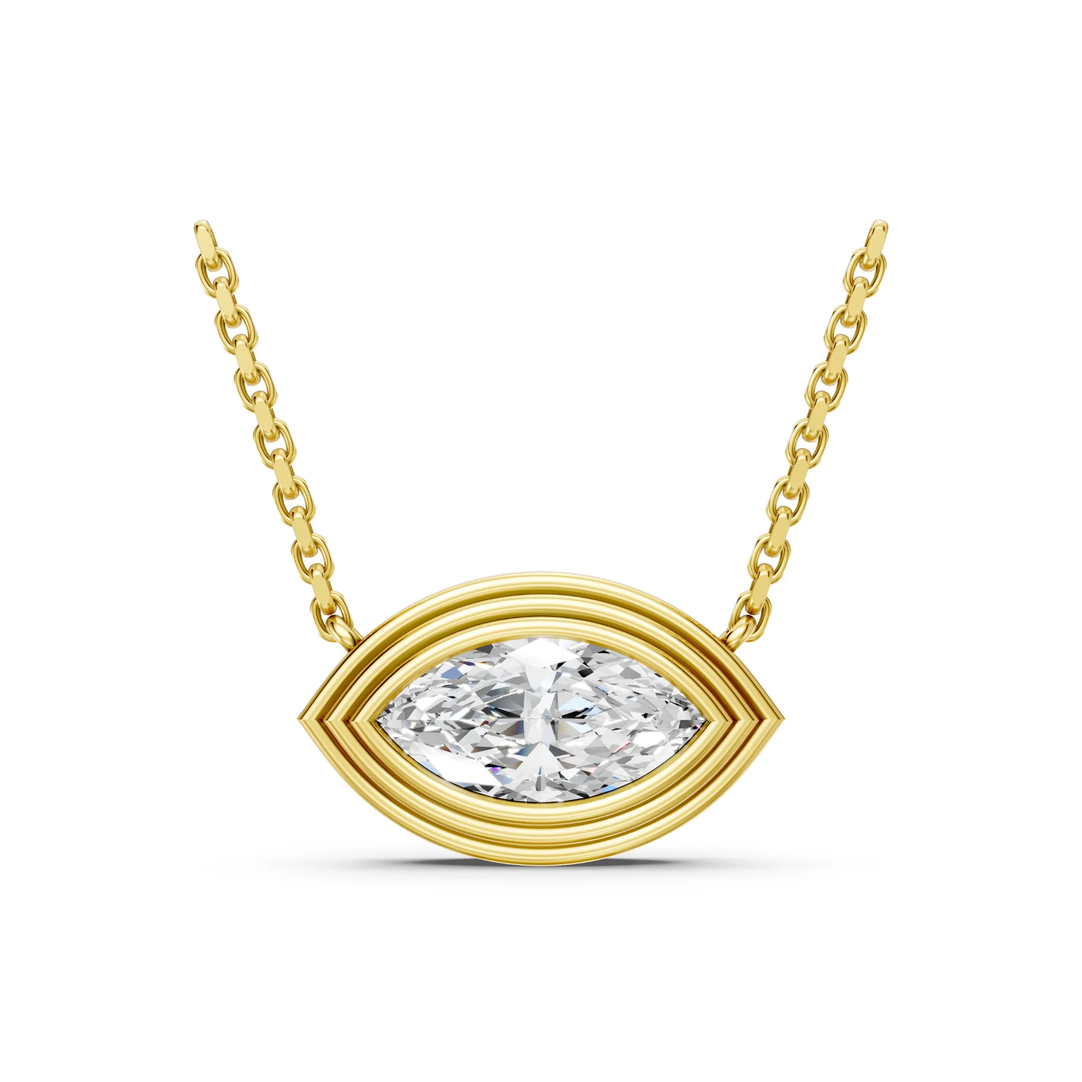 East-west marquise solitaire diamond necklace with a full bezel setting, layered frame and direct chain connections.