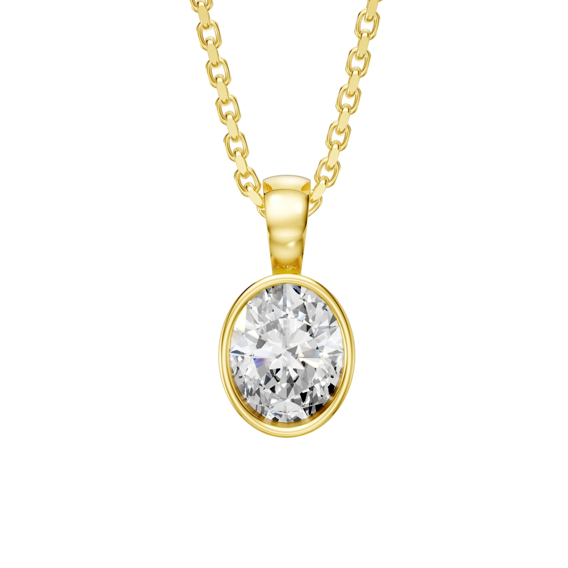 Oval solitaire diamond pendant necklace with a smooth full bezel setting and polished rounded bail.