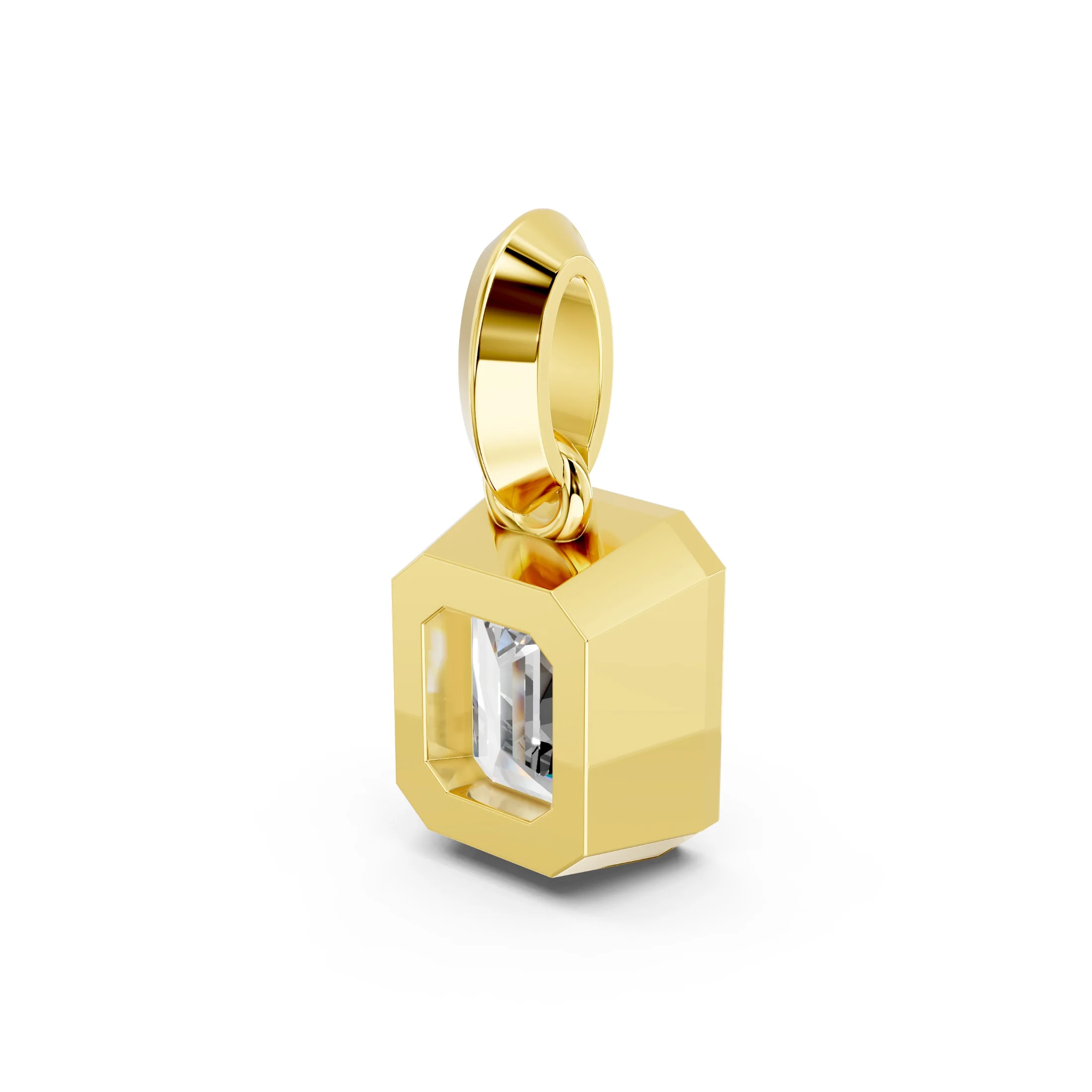 Emerald-cut diamond pendant with a geometric bezel frame and split pavé diamond bail.