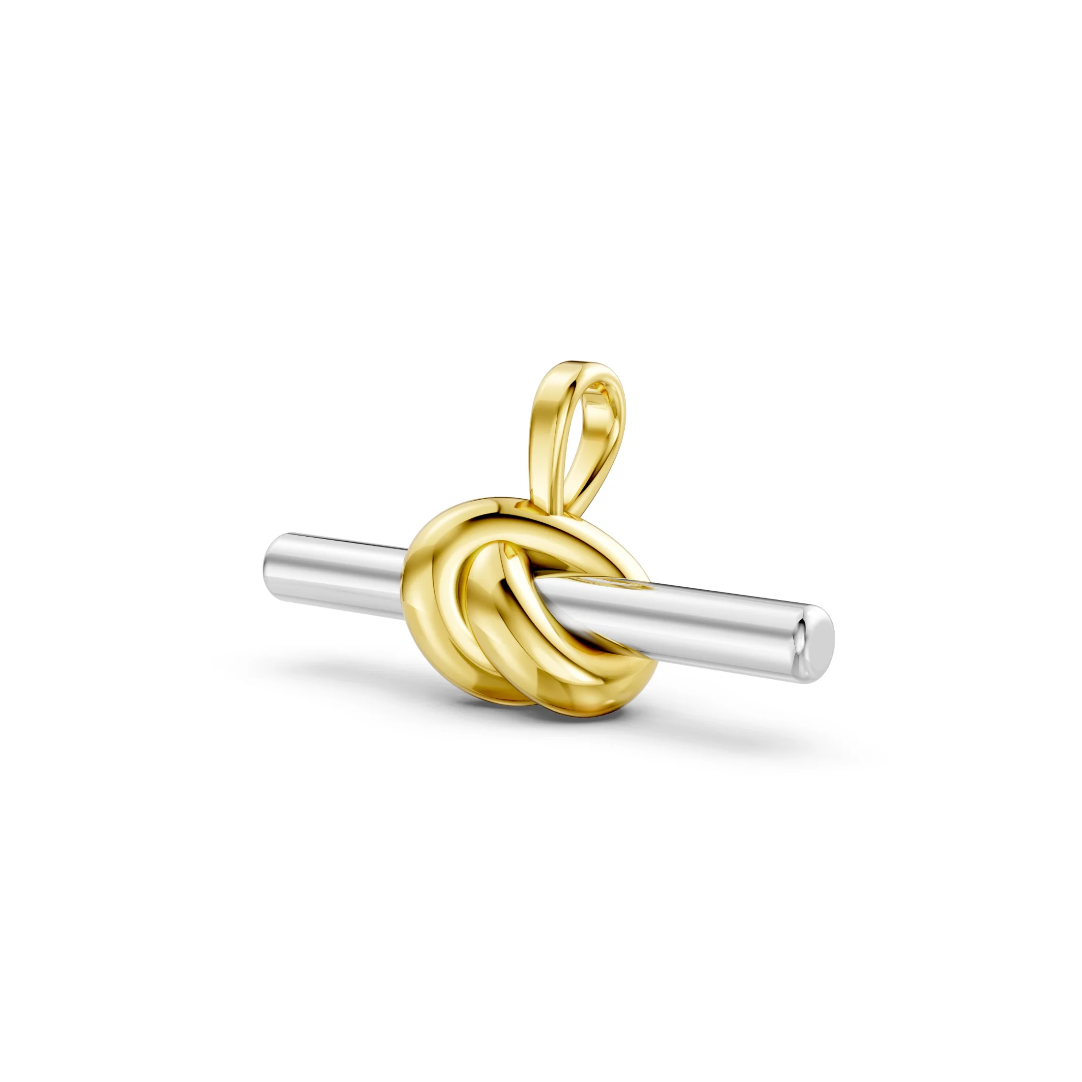 Two-tone knot T-bar pendant necklace with a polished contrasting horizontal bar.