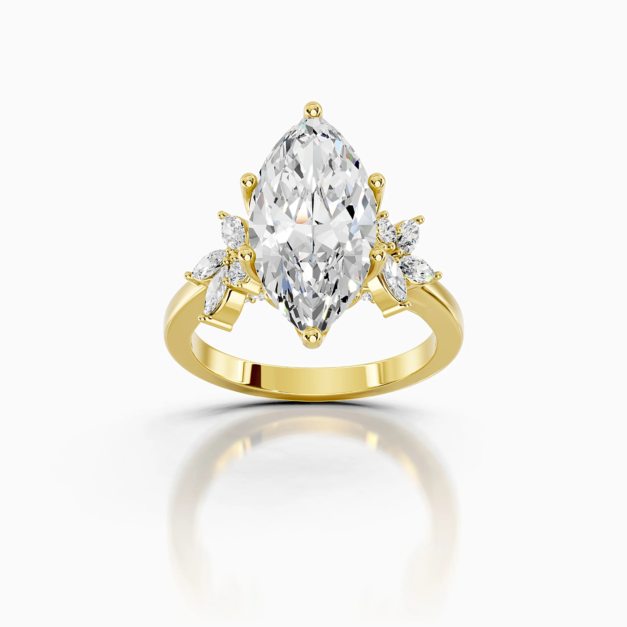 Marquise-cut diamond engagement ring with a six-prong centre and floral clusters of marquise and round side stones.