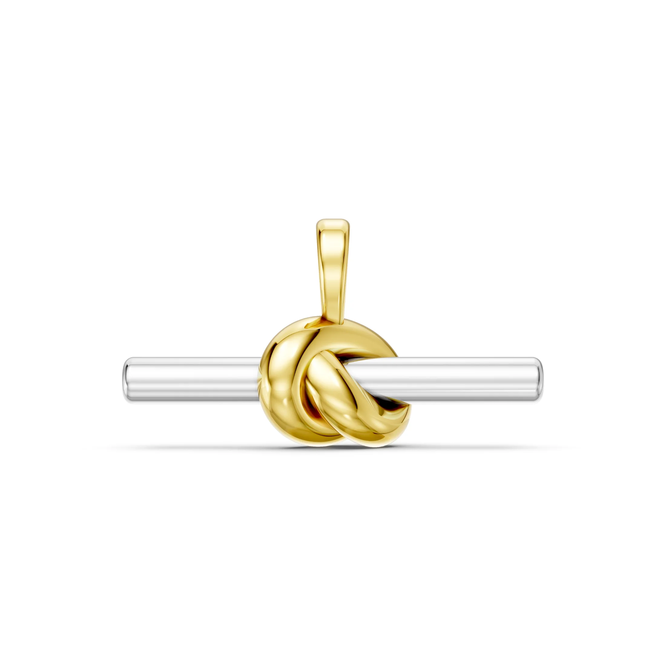 Two-tone knot T-bar pendant necklace with a polished contrasting horizontal bar.