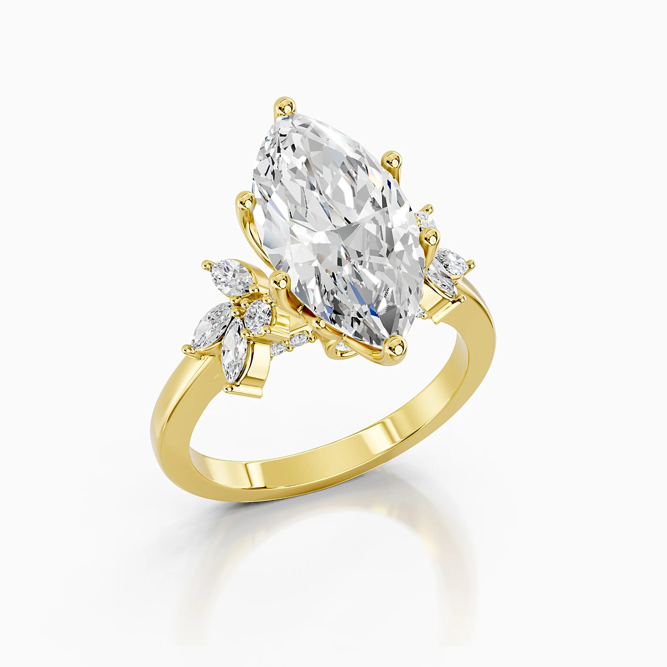 Marquise-cut diamond engagement ring with a six-prong centre and floral clusters of marquise and round side stones.