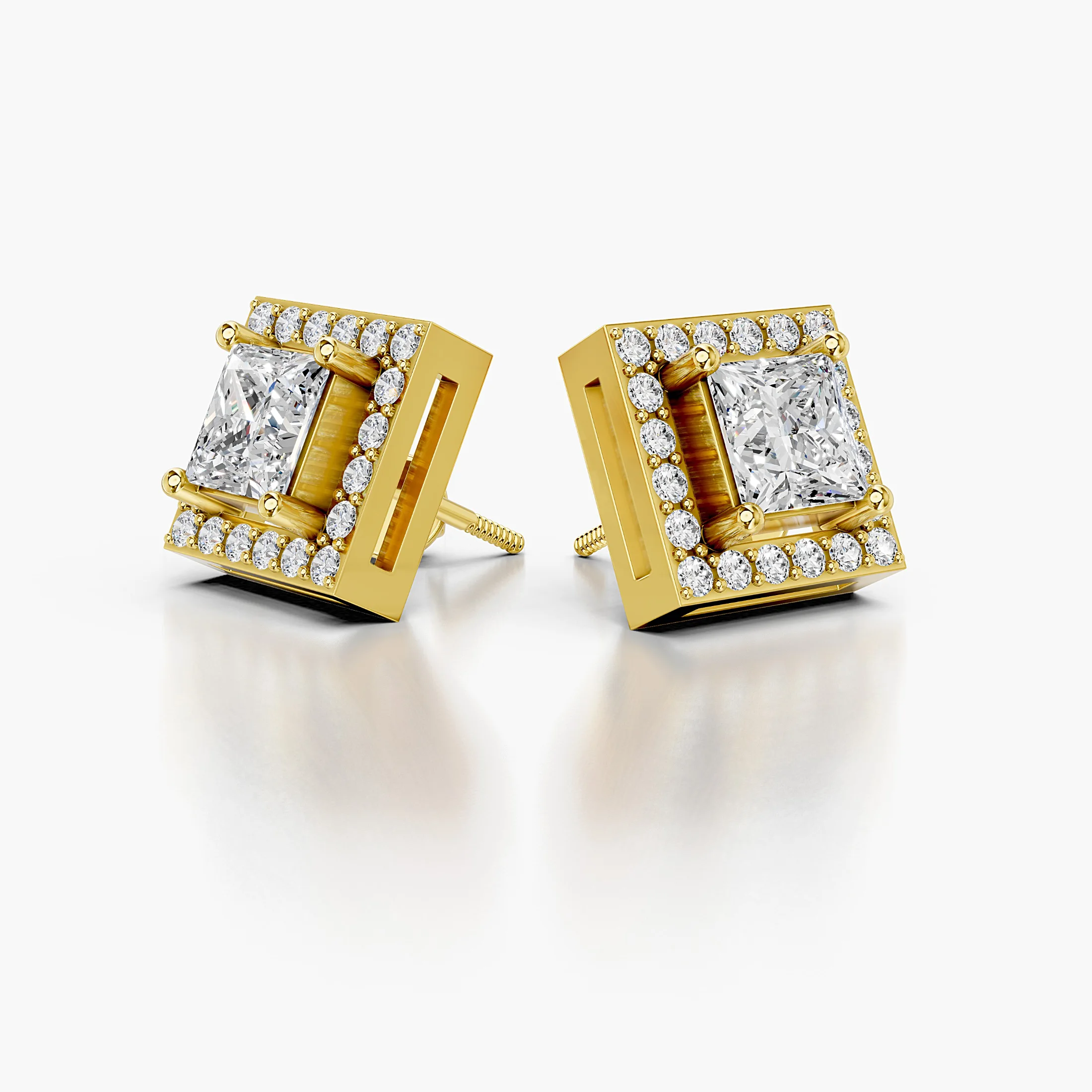 Princess diamond stud earrings with square round diamond halos and screw-back closures