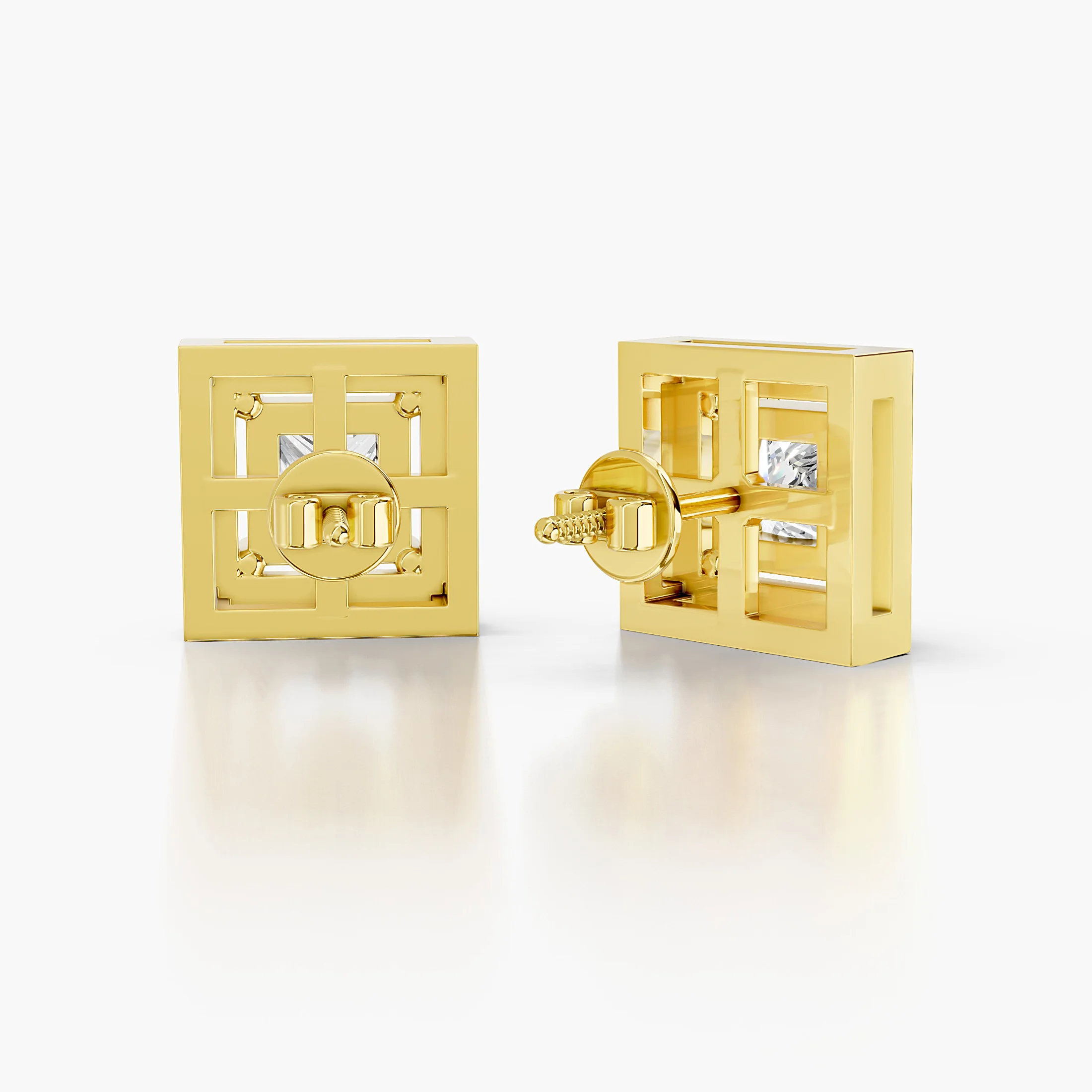 Princess diamond stud earrings with square round diamond halos and screw-back closures