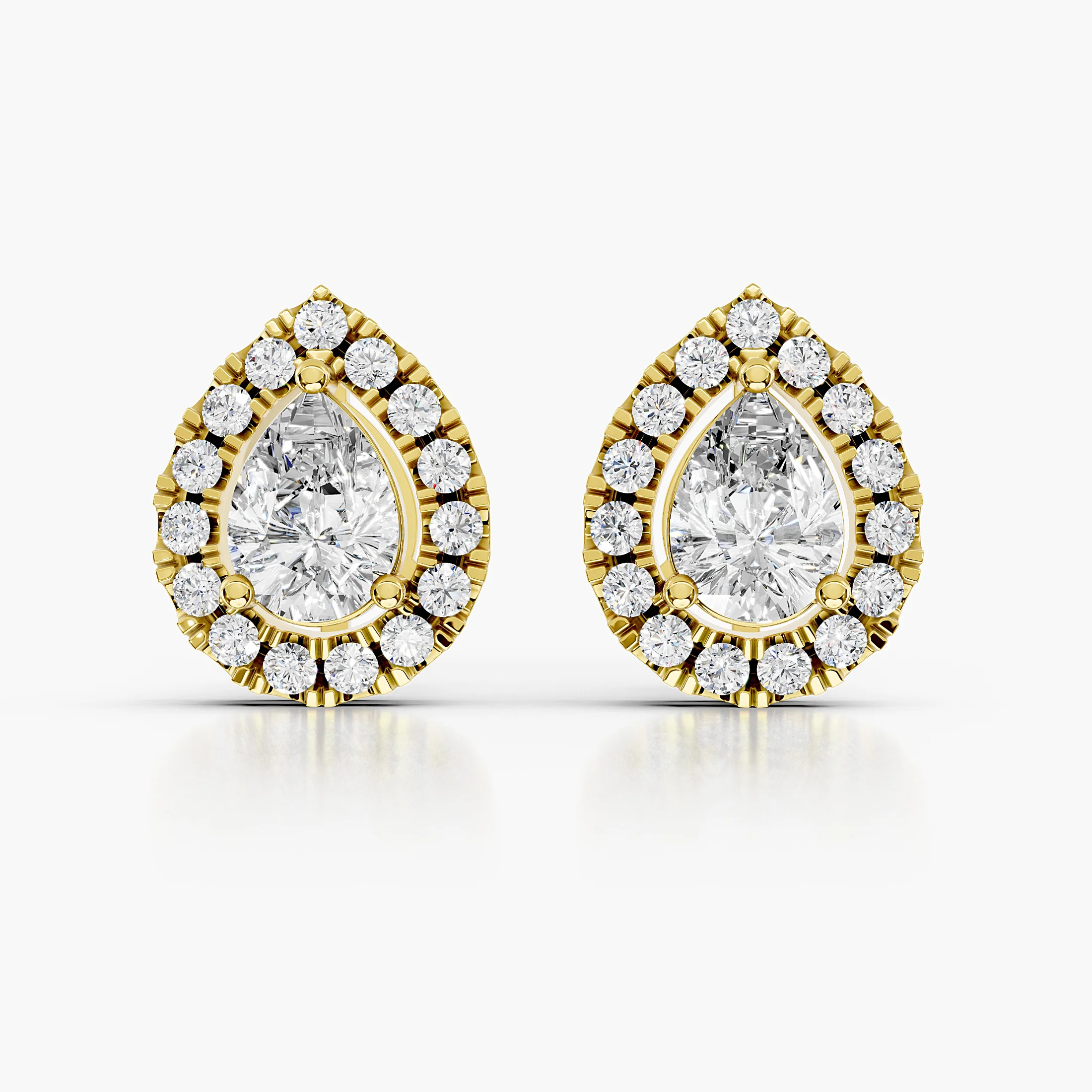 Pear-cut diamond stud earrings surrounded by round diamond halos.