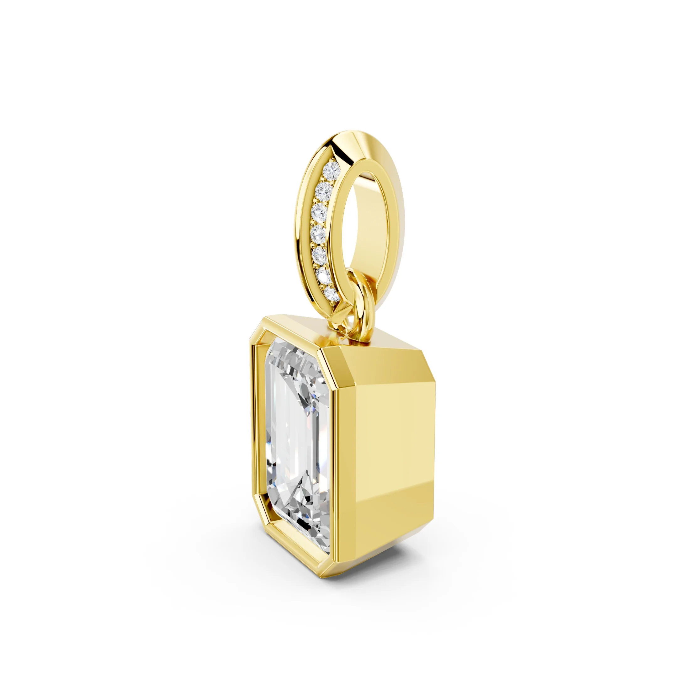 Emerald-cut diamond pendant with a geometric bezel frame and split pavé diamond bail.