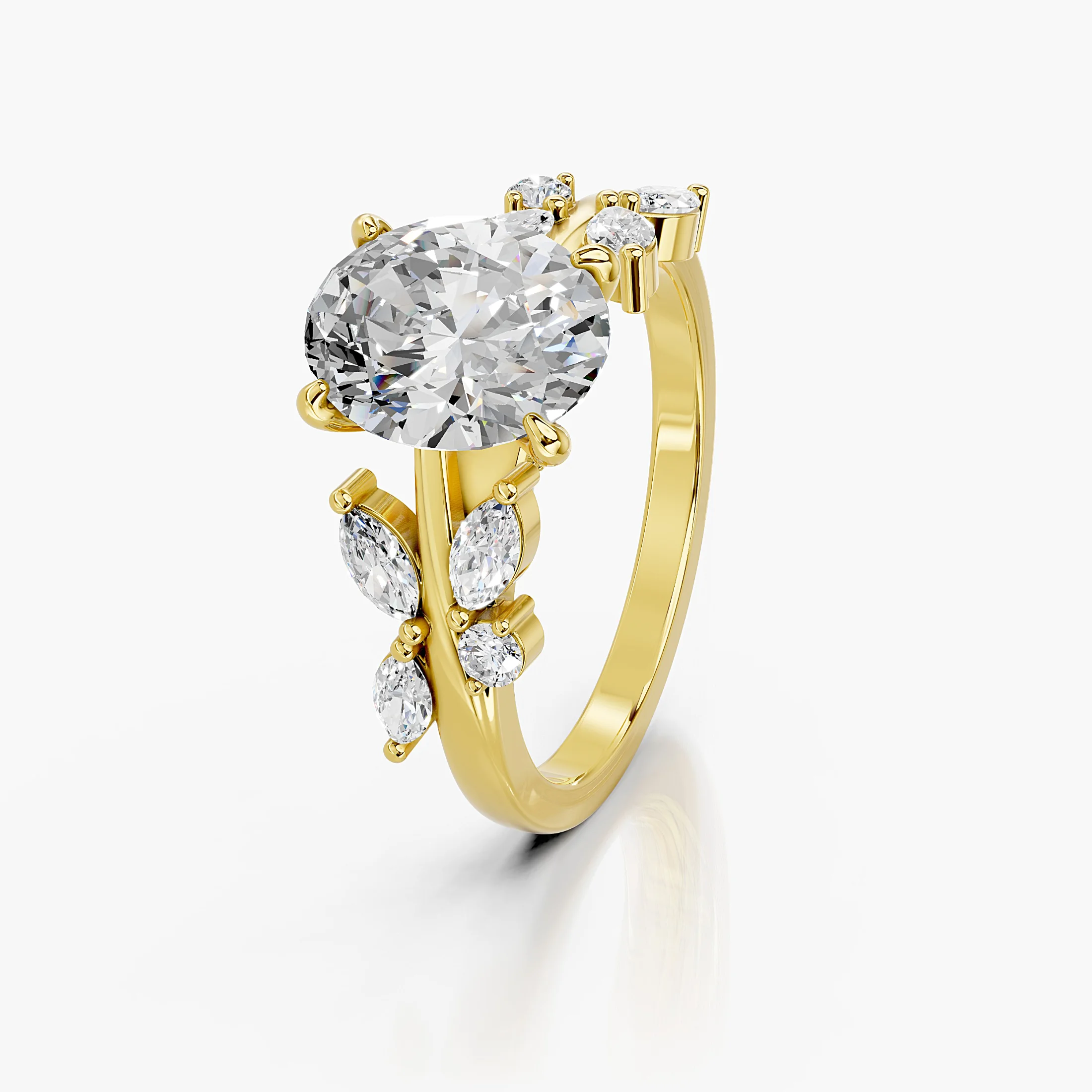 Oval diamond ring with marquise and round diamond leaf accents on an open vine-inspired band.