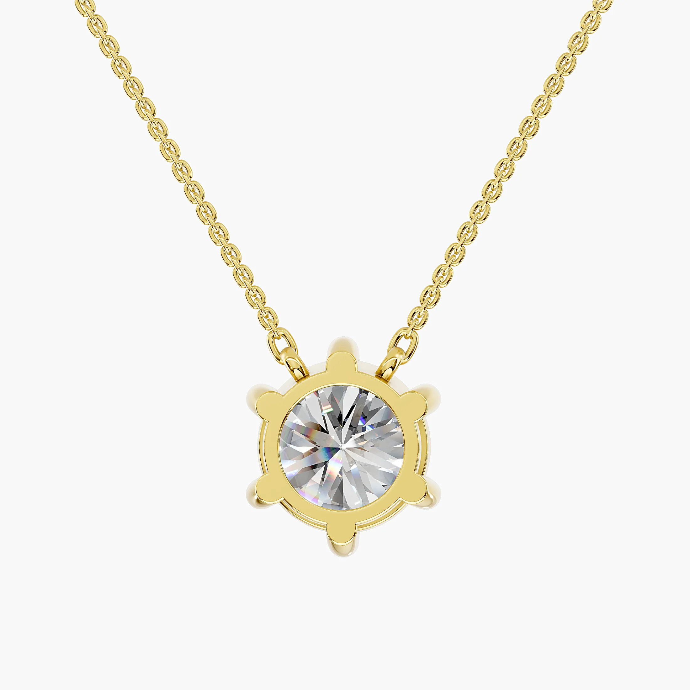 Round solitaire diamond necklace with a six-prong setting connected directly to a delicate chain.