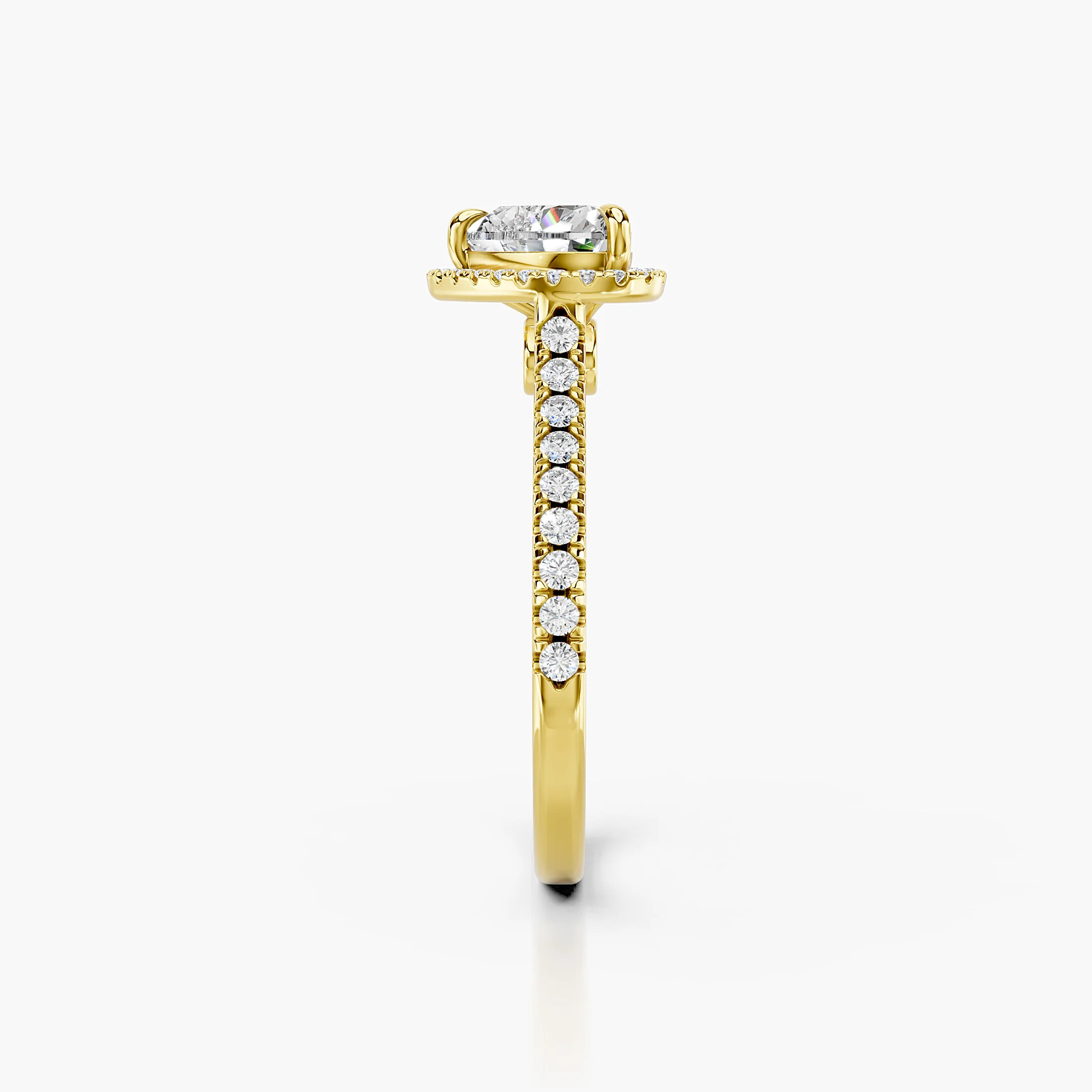 Heart-cut lab-grown diamond engagement ring with a matching halo and diamond-set band.
