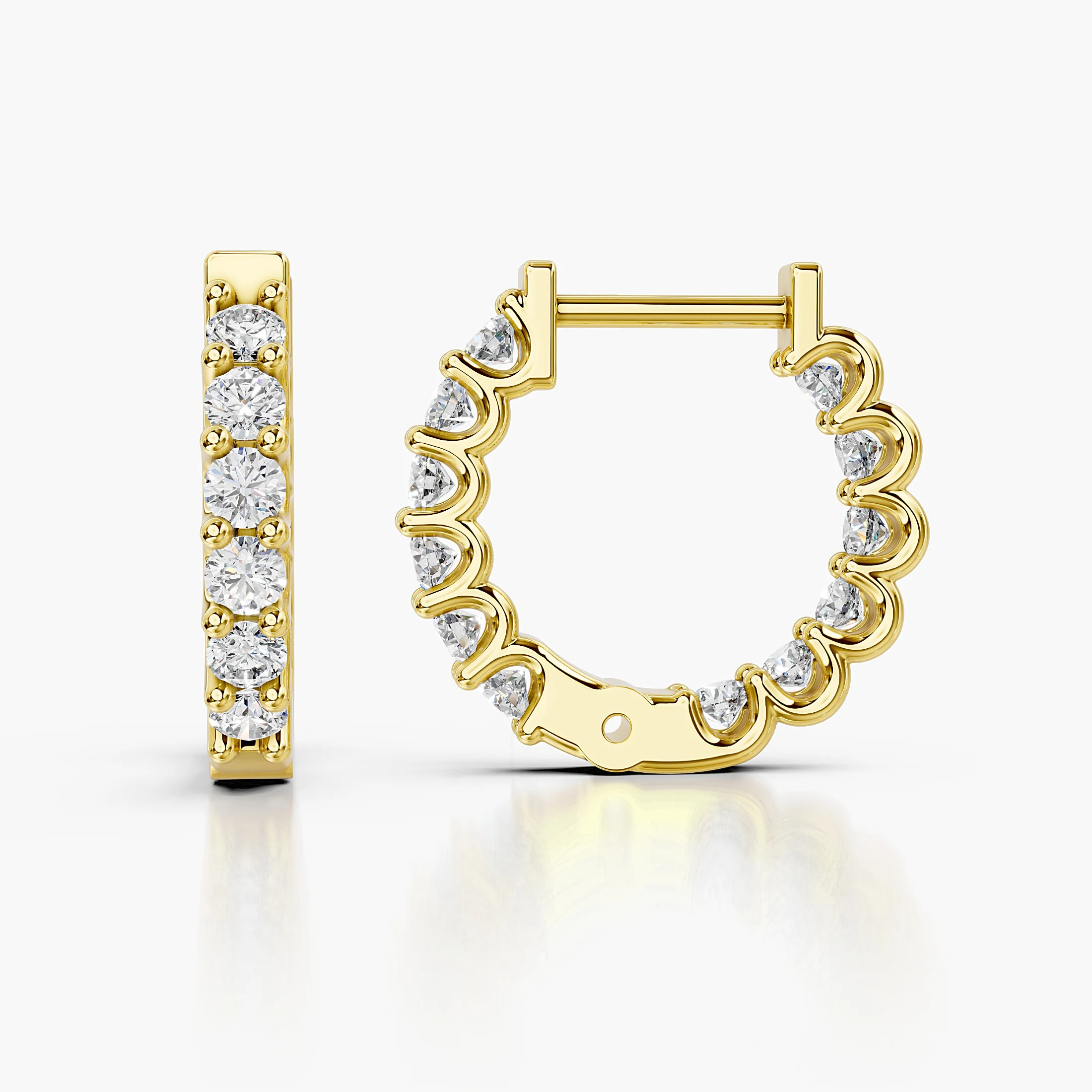Round diamond classic hoop earrings with shared-prong settings.