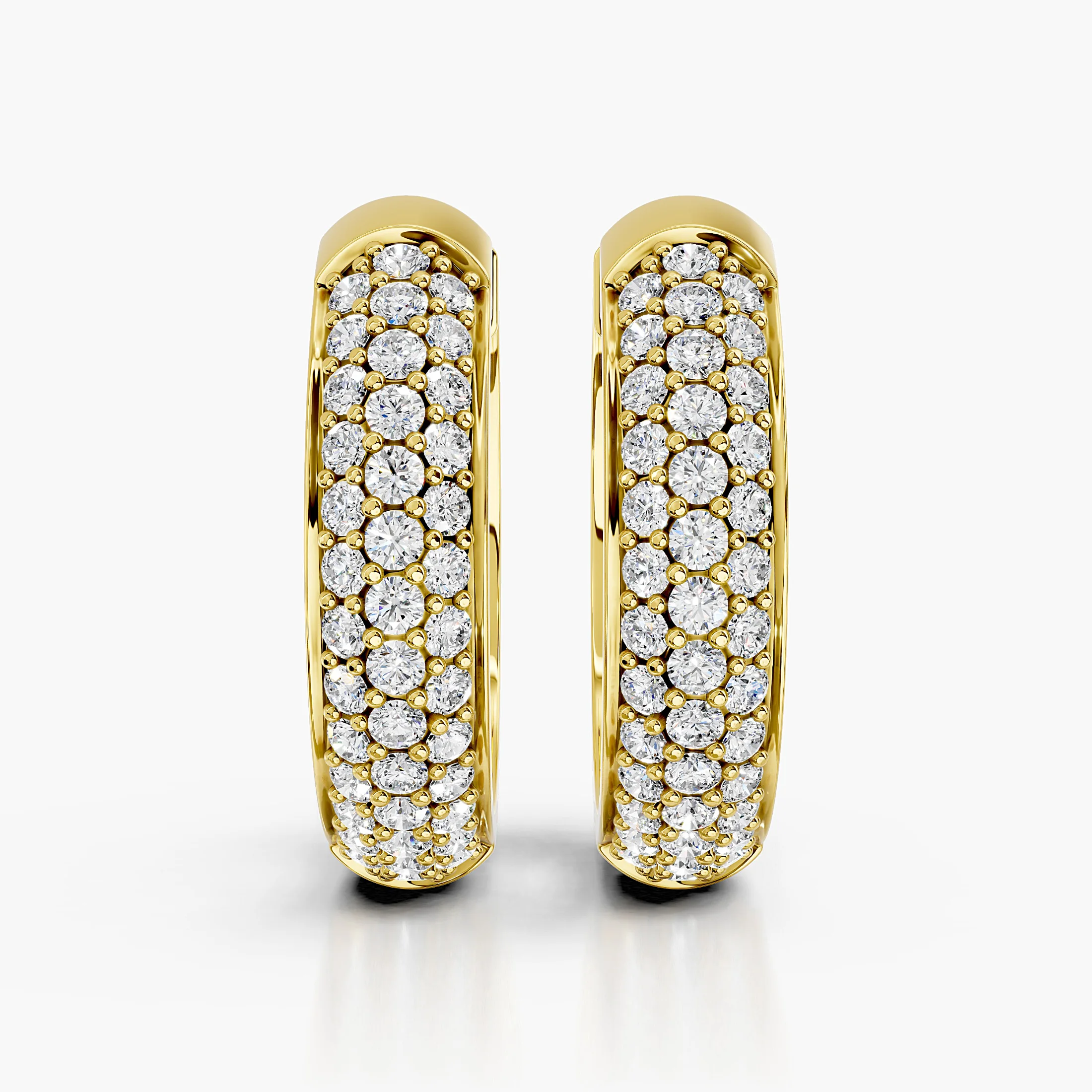 Wide diamond hoop earrings with three rows of round stones and polished borders.