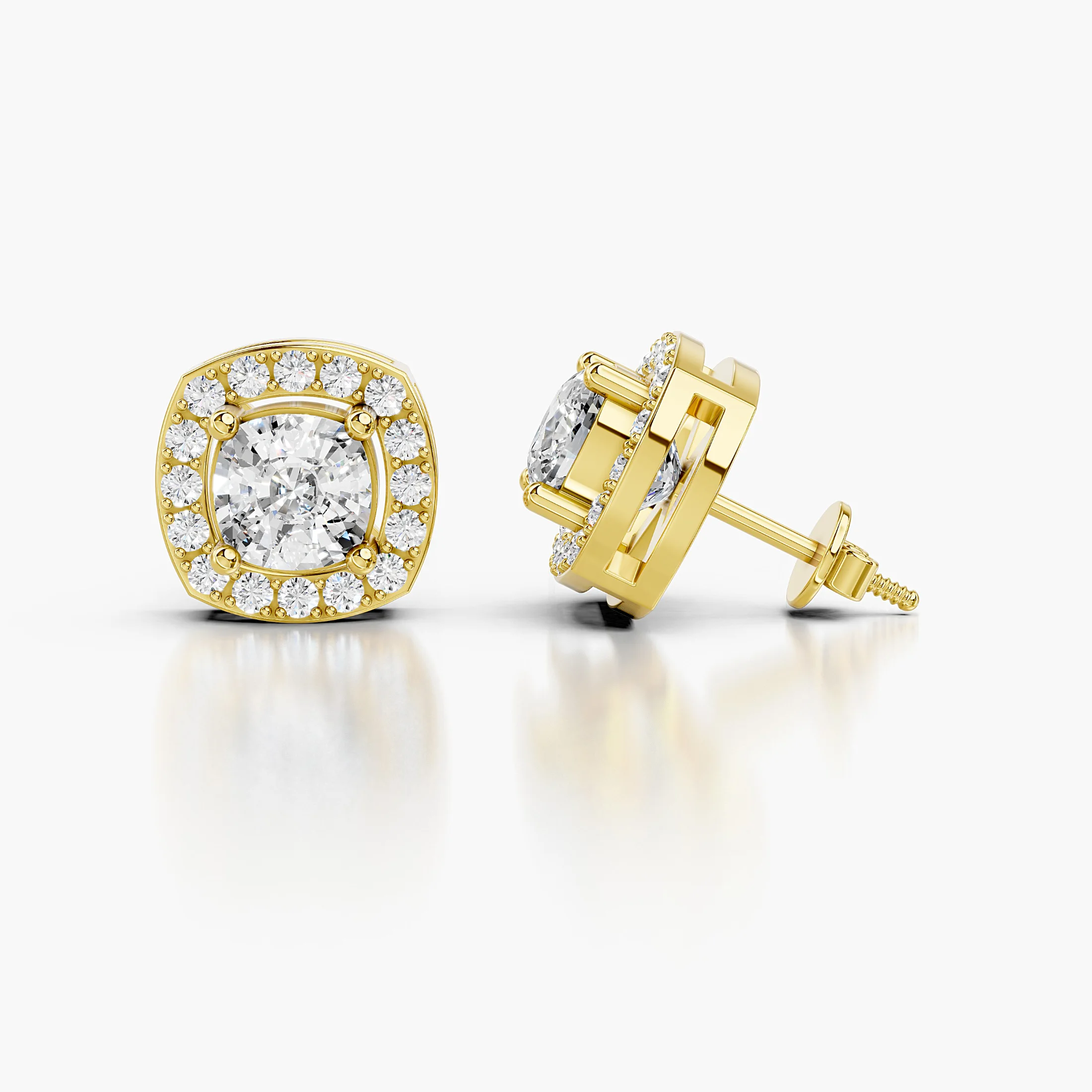 Cushion diamond stud earrings with rounded-square round diamond halos and screw-back closures