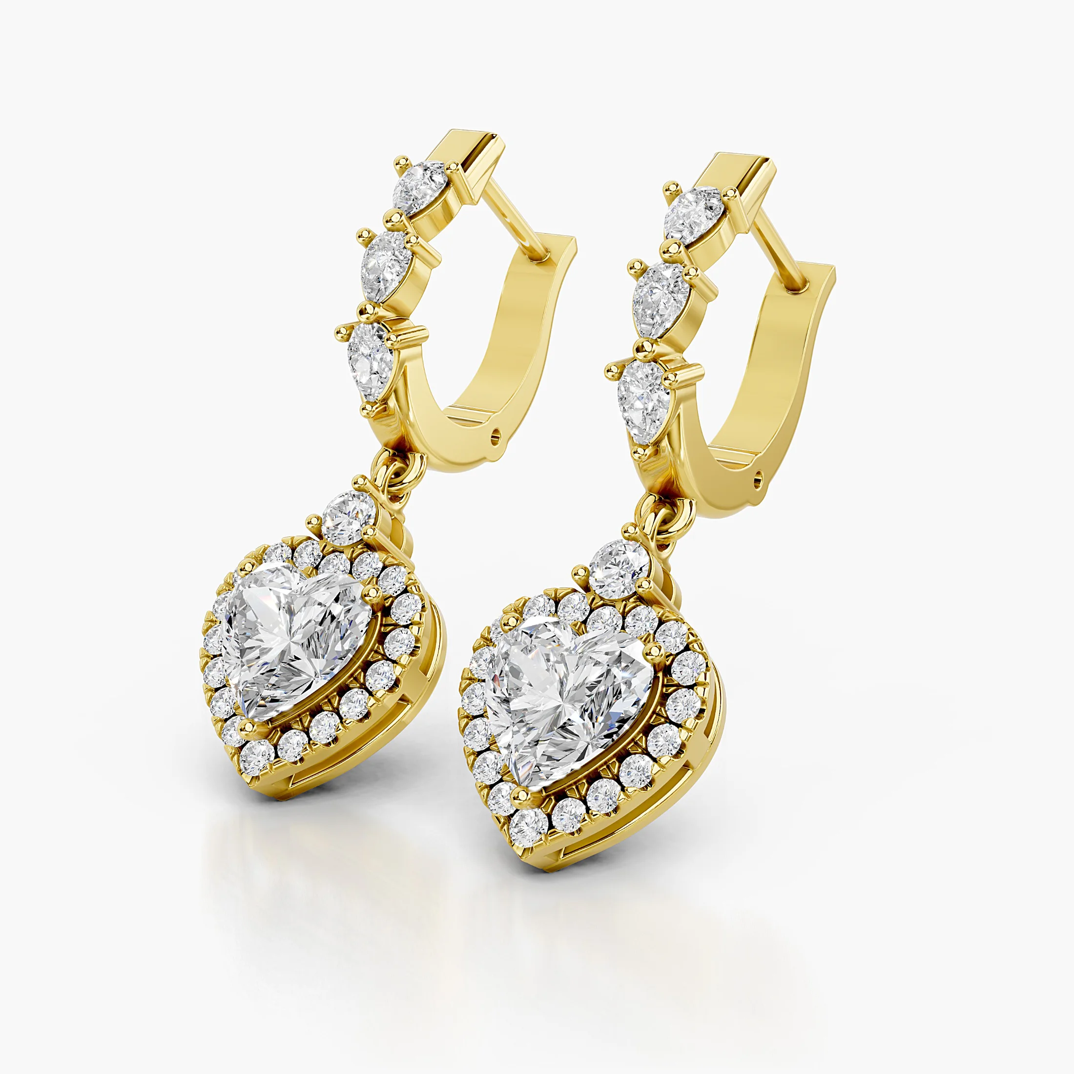 Heart diamond halo drop earrings with graduated pear and round diamond links.