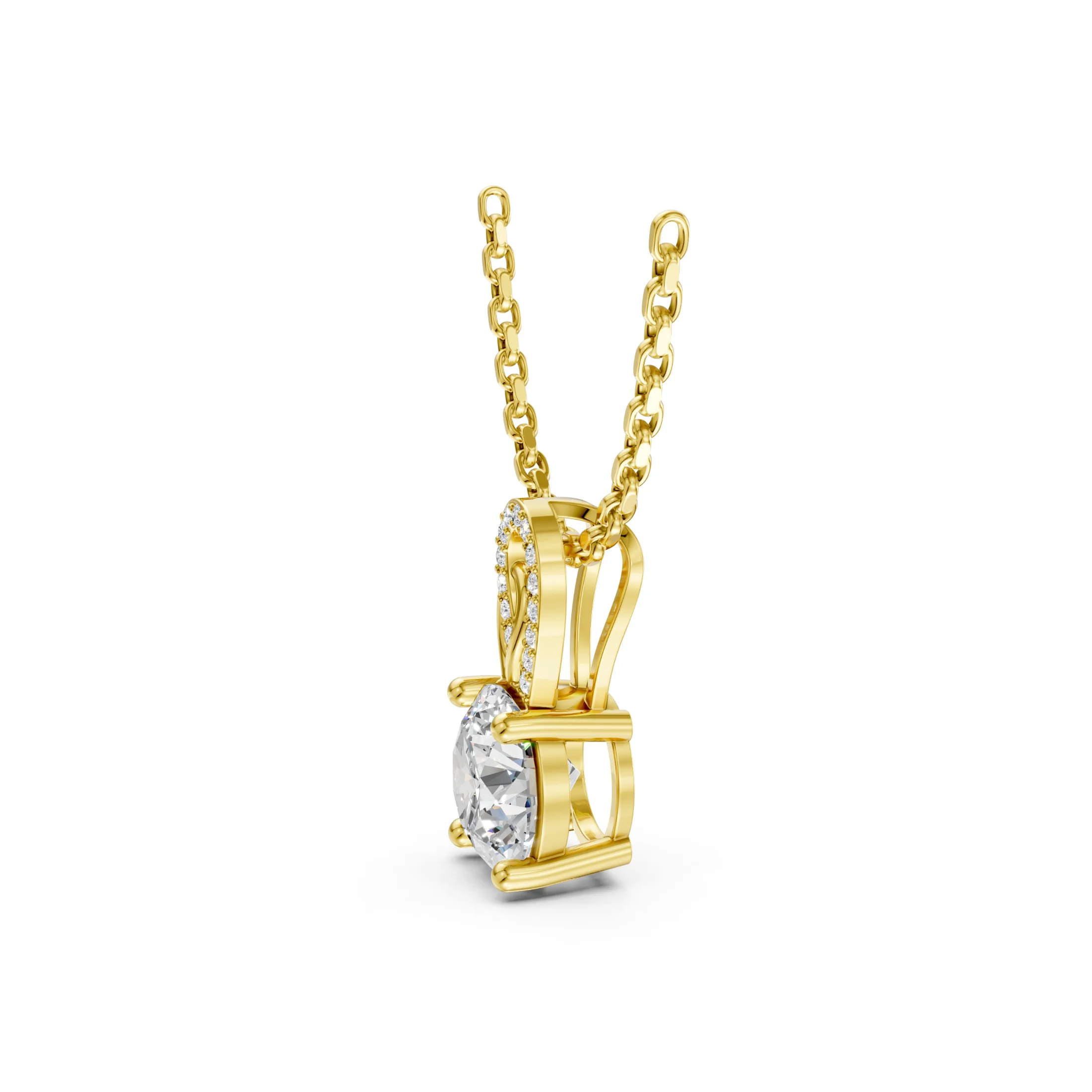 Round solitaire diamond necklace with a four-prong setting and an asymmetrical sculptural loop accented with small round diamonds.