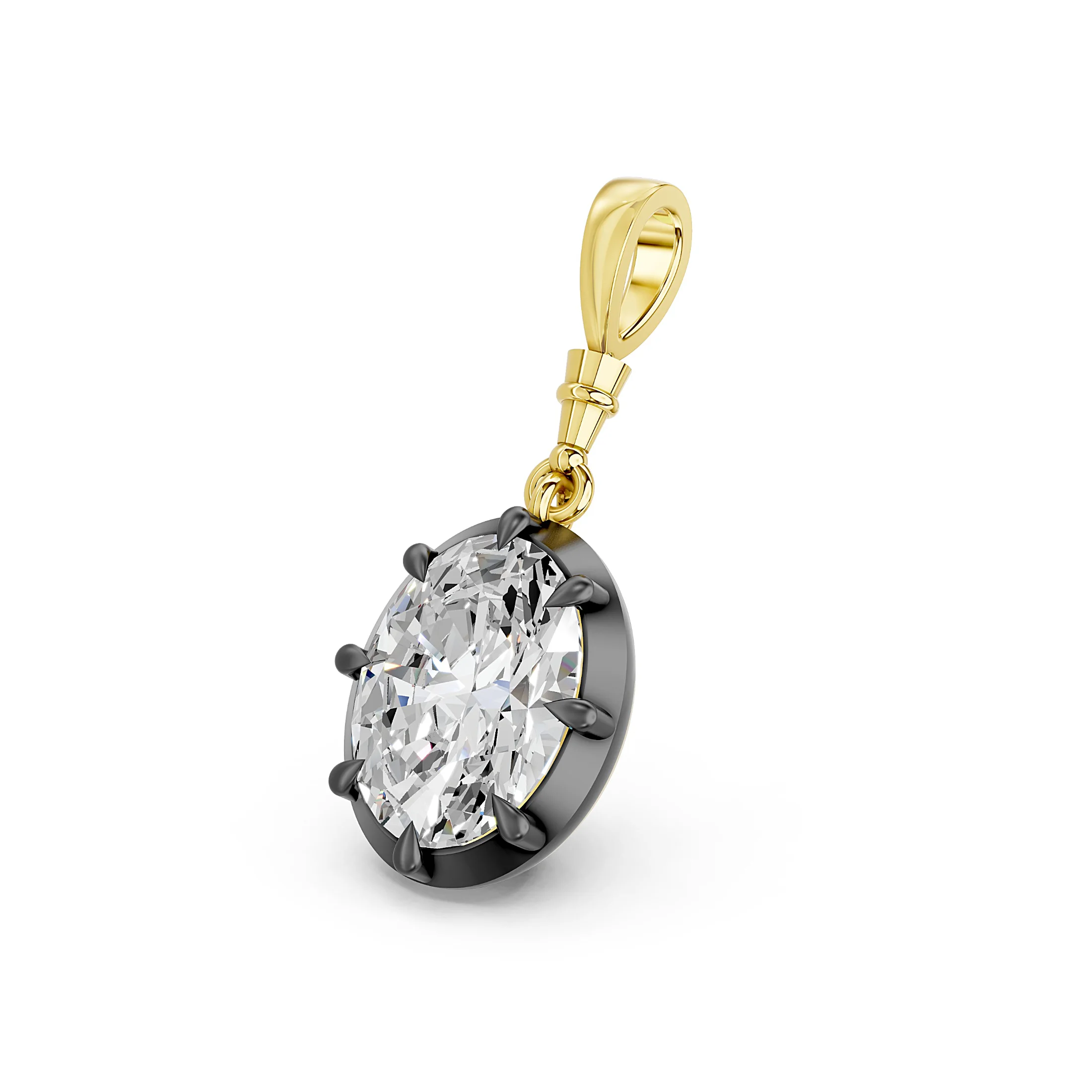 Oval solitaire diamond pendant with eight sculpted prongs, a contrasting frame and tapered articulated bail.