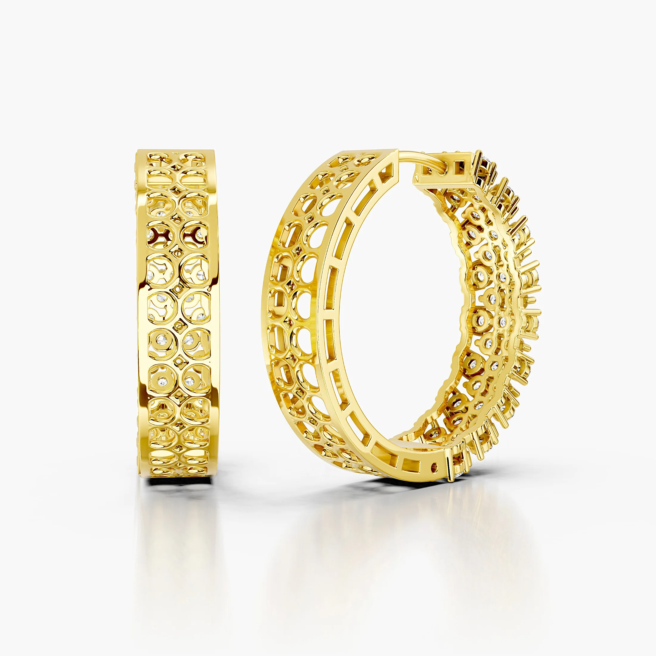 Pair of broad diamond hoop earrings featuring three continuous rows of round stones.