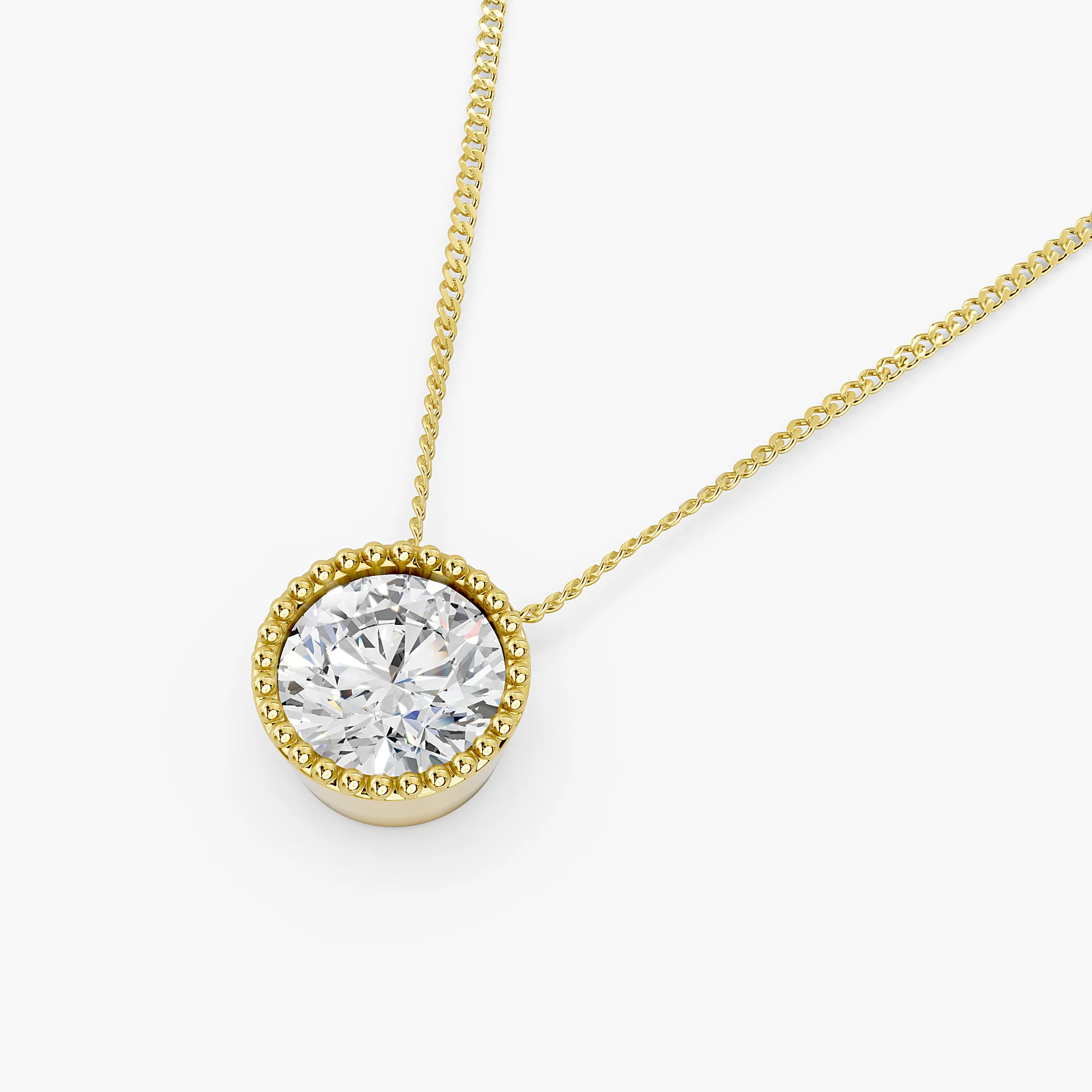 Round solitaire diamond necklace with a polished bezel, beaded milgrain border and twin chain attachments.
