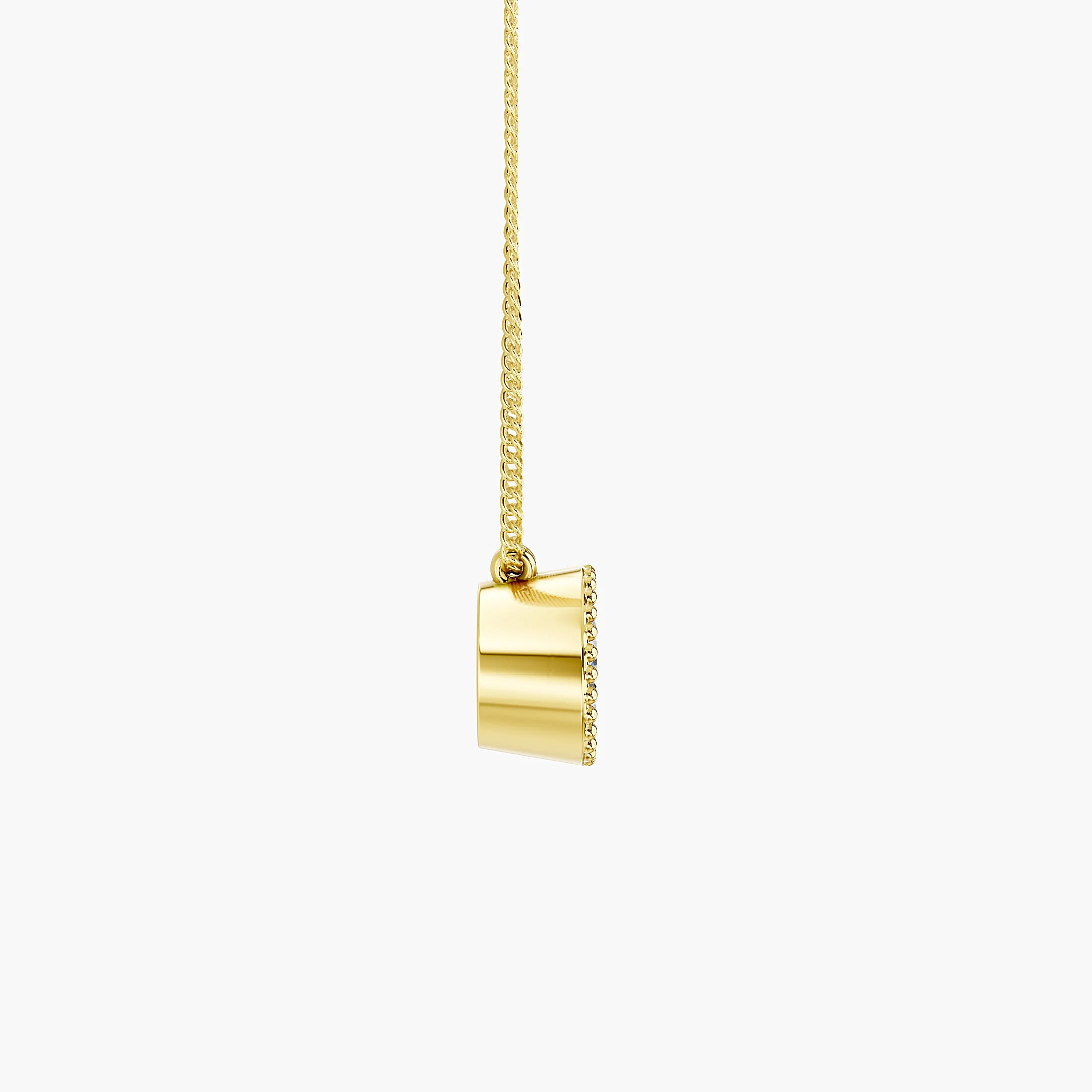Round solitaire diamond necklace with a polished bezel, beaded milgrain border and twin chain attachments.