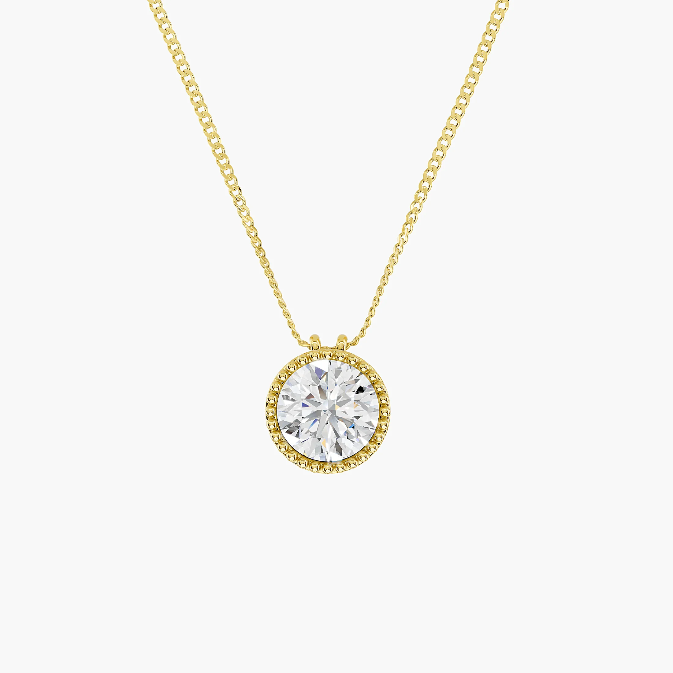 Round solitaire diamond necklace with a polished bezel, beaded milgrain border and twin chain attachments.
