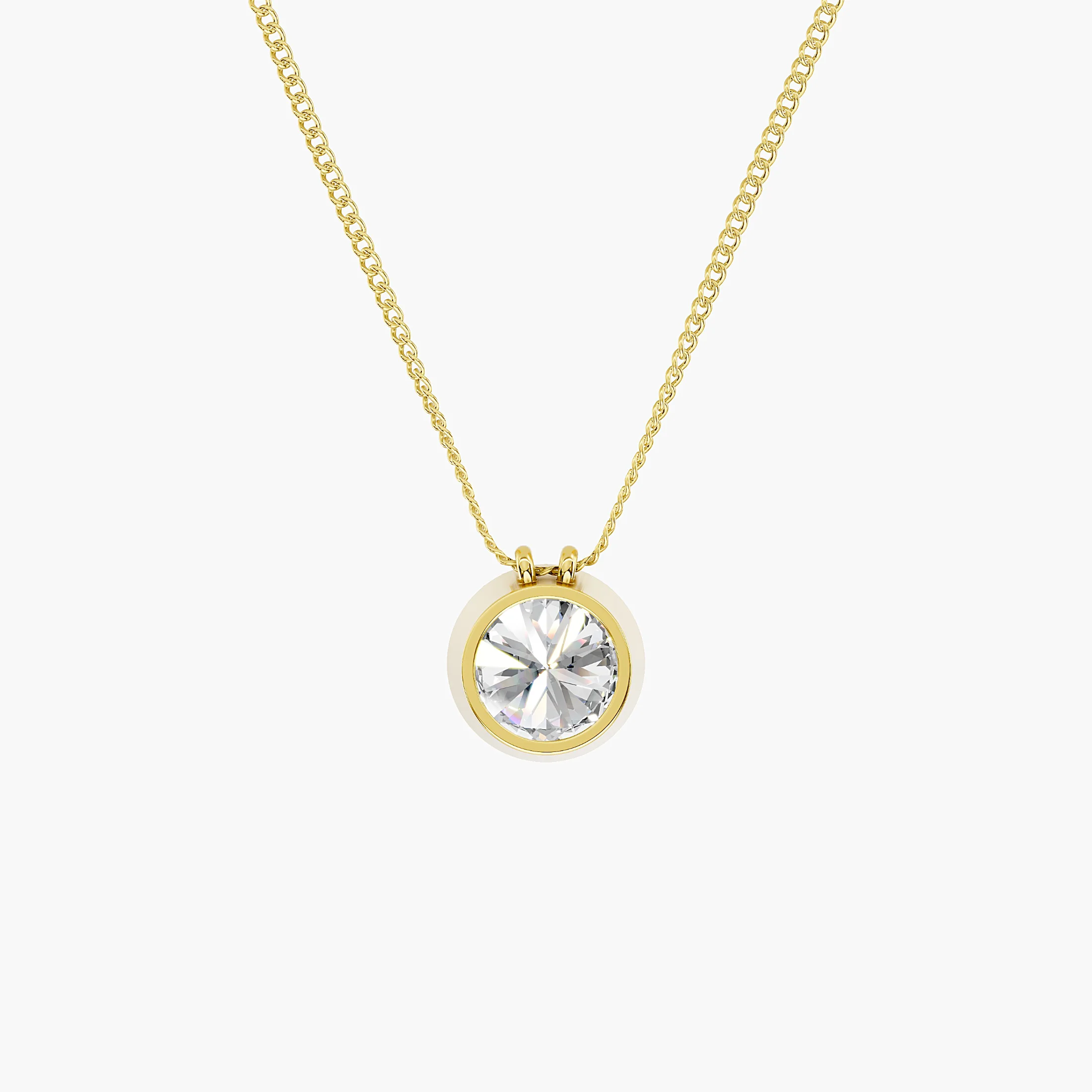 Round solitaire diamond necklace with a polished bezel, beaded milgrain border and twin chain attachments.